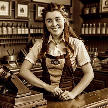 Realistic photo manipulation of 
1 young woman, 
(HFWAloy, 1girl, orange hair, long hair)
sepia old photo, early 19th century
wearing an employee uniform and standing behind a counter with a cute smile, faux photo style, 
sepia old photo, vibrant colors, intricate details on the uniform and background.
negative space
(employee uniform,shop,standing,counter,shelf,food,typing,cash register,monitor),