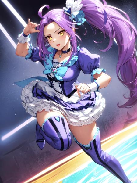 cure beat purple hair, side ponytail, ahoge, thigh boots, puffy short sleeves, wrist cuffs, ribbon, jewelry, heart hair ornament, yellow eyes