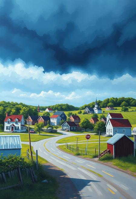 a simple uncluttered stylish cozy small-town village. It should be scenic and picturesque. Include elements such as a quaint little village, green farmland, deep blue cloudy sky, vibrant, cute, stormy, surreal, flat, acrylic, concept art, oil painting, watercolor