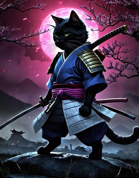 (drawing:1.3),a samurai cat, battlefield, (anime art), 2D, colorful, dark atmosphere