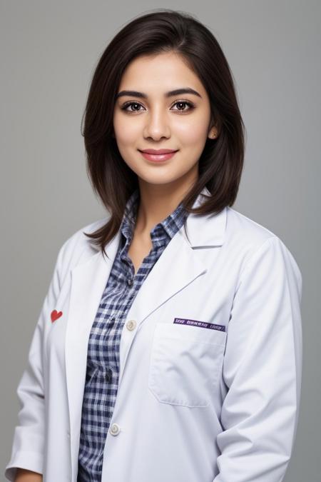 (medium shot), 1girl, (cheek_heart:1.4), smiling, beautiful pakistani female doctor in (labcoat over scrubs),  beautiful detailed face, brown hair, pale skin, realistic skin, detailed cloth texture, detailed hair texture, Perfect proportion, Beautiful Face, accurate, Anatomically correct, Highly detailed face and skin texture , looking at viewer , portrait, photorealistic , masterpiece, best quality , isolated white background