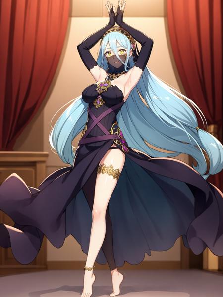 (extremely detailed CG), (best quality), 1girl, perfect face, absurdly long hair, bright pupils, (finely detailed beautiful eyes), yellow eyes, wide hips, narrow waist, AshuraPerformingArts, veil, (mouth veil:1.2), elbow gloves, fingerless gloves, dress, jewelry, necklace, single leg pantyhose, anklet, thighlet, black background, cinematic lights, full body, depth of field, barefoot, light smile, dancing, arms up, closed mouth,  <lora:AshuraPerformingArts:0.65>