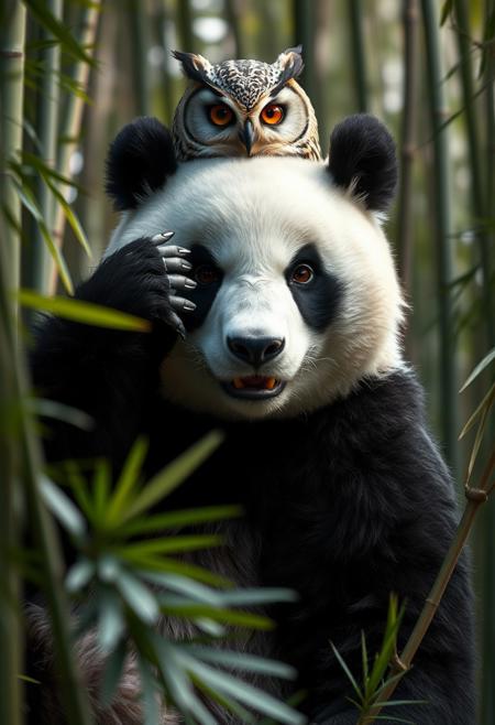 A wide angle shot frontview of a hybrid creature, with the body of a big (panda:2) bear with distinctive black and white fur, and the head of an (owl:1) with expressive owl eyes, perched in a bamboo forest, ultra detailed, high resolution, photorealistic, cinematic, and 4k, high quality, masterpiece