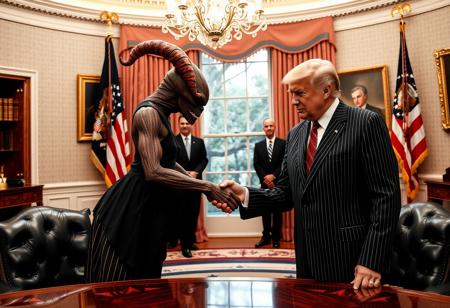 president cthulu in a sharp pin striped suit shaking hands in the oval office, real photograph