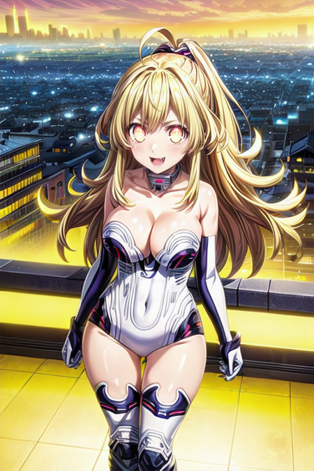 ong hair,blonde hair,1girl,solo,cleavage,orange eyes,large breasts,bare shoulders,symbol-shaped pupils,looking at viewer,gloves,smile,power symbol,elbow gloves,leotard,blush,thighhighs,white gloves,red eyes,fang,covered navel,ponytail,huge breasts,antenna hair,medium breasts,very long hair,boots,thigh boots,(((City Background))),white leotard,hair between eyes,yellow eyes,white thighhighs,ahoge,high ponytail,thighs,happy,(((Standing)))