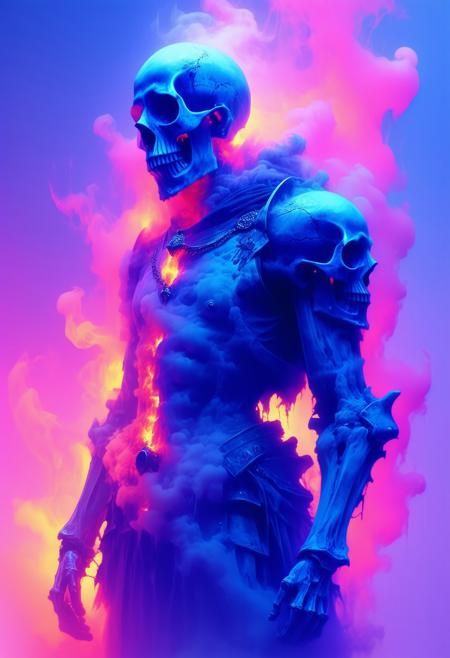 Neo-Gnostic surreal figure, spectral smoke rising with glowing skulls, radiant hues of blue, violet, blood-red, solemn double exposure, bone armor, relic pendant, visionary cinematic style, painterly texture, mythic sacred unfolding, chiaroscuro light.
<lora:FLUX-daubrez-DB4RZ-v2:0.55> <lora:Sinfully_Stylish_.02_for_FLUX:0.35> <lora:dystopia:0.6>