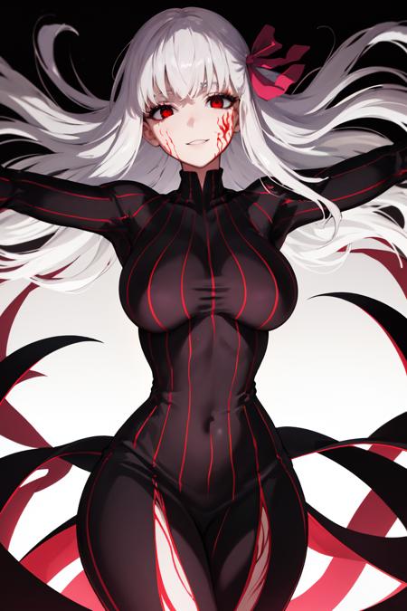 masterpiece, best quality, absurdres, DarkSakura, white hair, red eyes, long hair, hair ribbon, vertical-striped dress, dark persona, corruption, body markings, crazy smile, spread arms, wide eyes, glowing eyes, <lora:SakuraMatouV2:1>