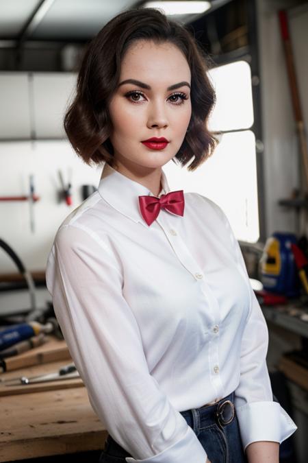 photo of a woman, sydneywatson:0.99,((short hair):1.1) ((bowtie, white shirt):1.2), ((closeup, portrait)),((garage, tools, workbench):1.2),((red lipstick, eyeliner, eye shadow, blush)), ((best quality, masterpiece, extreme details, high resolution):1.2),((detailed eyes, beautiful eyes, detailed face, beautiful face):1.2)