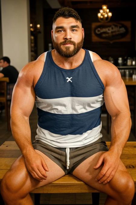 gorgeous photo of musclebearcoffee, POV, looking at viewer, sitting behind coffee table, wearing sleeveless striped tank top, cargo shorts hot coffee foreground, coffee shop paris, intimate lighting, handsome, muscular, muscle bear