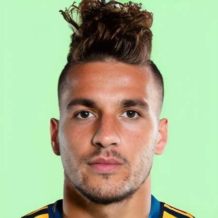 30 year old male footballer <lora:futganv2:0.95> portrait [Jessy Robin:Marc Rousselle:0.5] France nationality, No Tattoo, Round face shape, Thin eyebrows, Straight nose shape, Plump lip shape, with soccer kit, plain background, rim lighting, studio lighting, looking at the camera, dslr, ultra quality, sharp focus, tack sharp, dof, film grain, Fujifilm XT3, crystal clear, 8K UHD, high detailed skin, skin pores