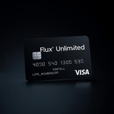 Black visa card with text "Flux Unlimited". Simple background,  dark background, cinematic view, no more text