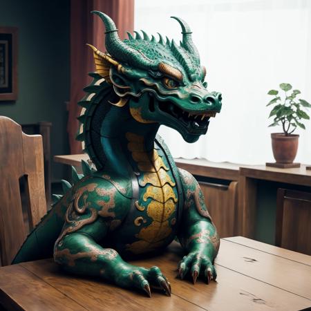 a (bronzecd) chinese dragon, (solo:1.2), <lora:bronzecd-000009:0.8>, no humans, high quality, masterpiece, realistic, photorealistic, (indoors, on table:1.2)