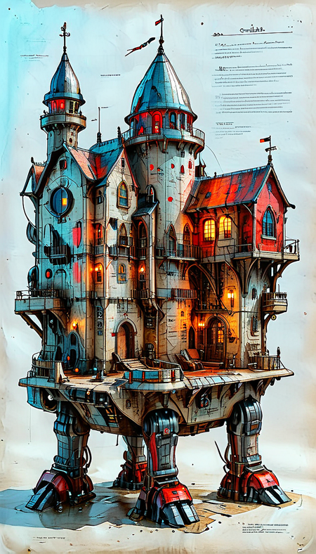 (cel-shading:2)+, (in ARTIST style:1.6), (masterpiece:1.7), night, glow neon, hyperrealism, glossy, shinny, clear image, accurate picture, clear picture, precise image, focused image, 
An illustrated medieval old worn page of (iron castle, science fiction, standing, Walking vehicle, red paint), made with ingredients including: (mechanical legs, antenna, parts, wires), text is Old English and Gothic, parchment page, intricate details, muted colors, high resolution, best quality, fantasy vibe (ultra sharp focus:2), (detailed windows:2), (thin lines:2), (best quality:1.8),
<lora:MJ52:0.8> <lora:ParchartXL_CODA:1>,
<lora:add-detail-xl:1> (ultra sharp focus:1.8), (detailed skin:1.8), (thin lines:1.8), (best quality:1.8),
<lora:Apparatus_-_Traction_City_Walkers_Vehicles:0.7>, <lora:Someplastic_b:0.6>,
<lora:glowneon_xl_v1:0.6>