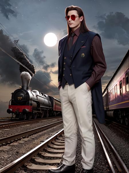 highres,masterpiece,best quality,1boy,<lora:ShadowverseIceschillendrigV3:0.75>,vest,formal,jacket,tie,standing by railway,steam railway,moon,blackhole,wearing red sun glasses