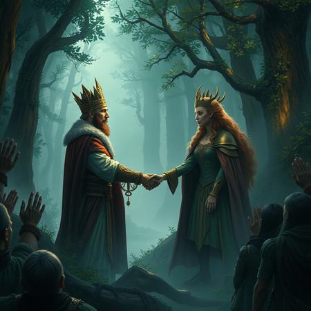 epic fantasy scene, the king of the humans is meeting with the queen of the forest, they are shaking hands, their people are cheering,