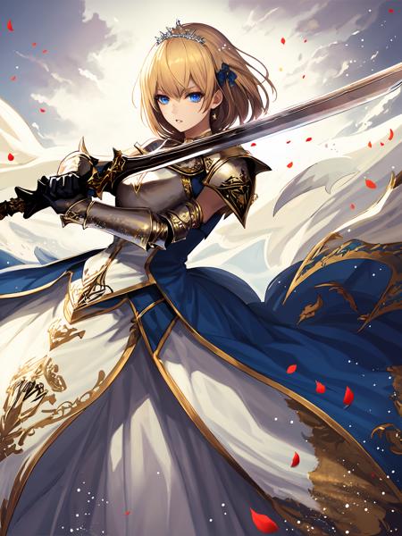 masterpiece,best quality,highres,cinematic lighting,dramatic angle,<lora:ShadowverseAureliaV2:0.8> ,blonde hair,hairband,breastplate,crown,armored boots,gauntlets,petals,white  dress,looking at viewer,serious,blue eyes,parted lips,holding sword,slashing,glowing weapon,from random point of view,portrait,close-up,cape,bare shoulders