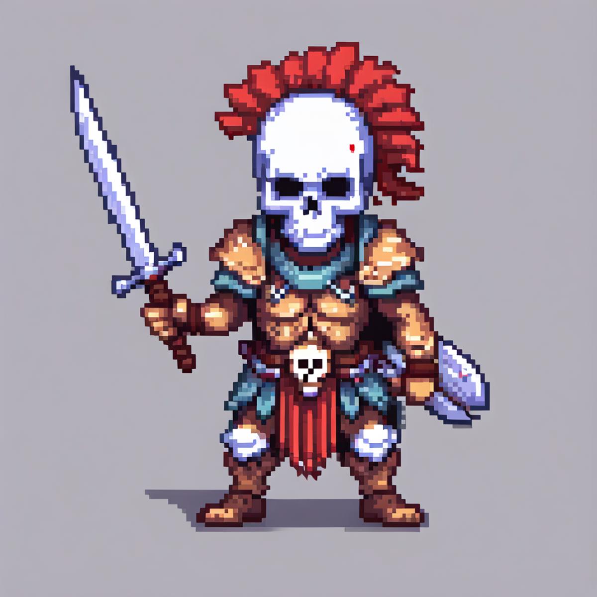 A warrior with a skull head and red hair holding a sword and shield.