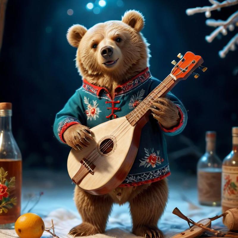 A teddy bear playing a guitar in front of a bottle and an orange.