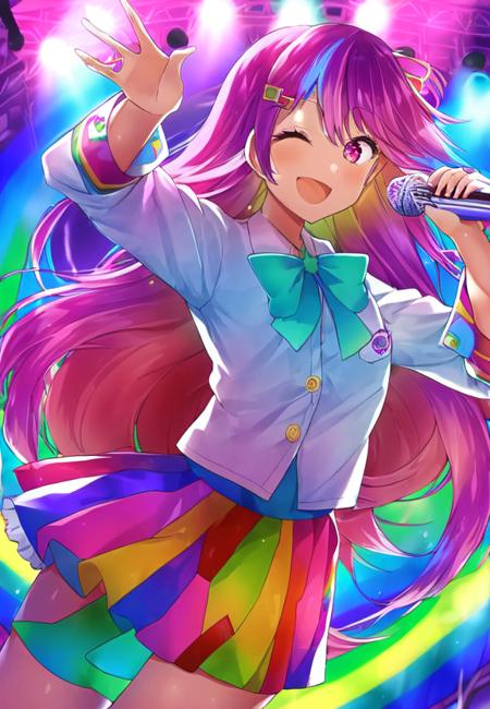 1girl, rainbow,hype, action,  by b-ginga,  rainbow, (rainbow :1.2)skirt, button-up shirt,  microphone, stage, stage lighting, anatomy, framing, wide smile