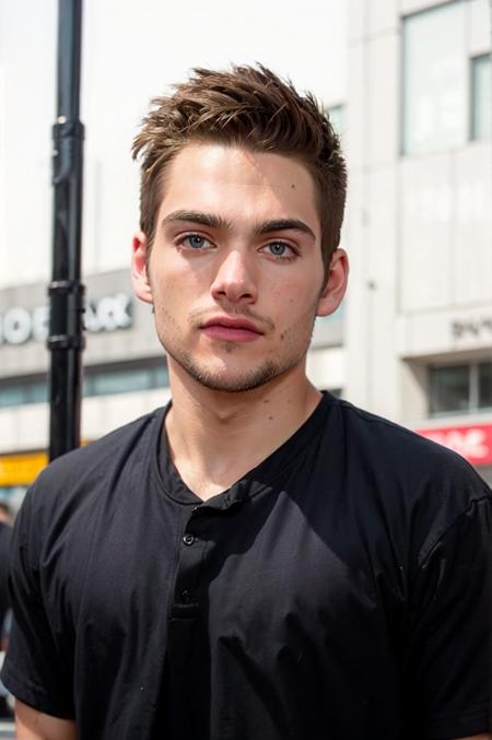 ((masterpiece)), ((best quality:1.2)), High Resolution, 8k, (ultra_realistic:1.3), (photorealistic:1.4), (instagram model, handsome:1.2), sharp focus, a close up shot of (Dylan Sprayberry, dylansprayberrykm), model pose, wearing black shirt, walking in tokyo, shibuya crossing, multiple people everywhere, daytime, ((looking at viewer)), <lora:DylanSprayberryKM_16_v2:0.8>