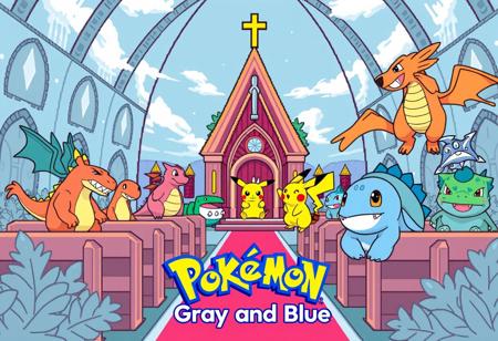 A Pop scene of Ice Ketchum and Pikachu in a Impeccable Pokémon Church, with iconic Pokémon like Charizard, Blastoise, and Bulbasaur in an 8-bit world. Game: Pokémon Pink and Blue (1996) on Game Boy. With Text:"Pokémon Gray and Blue"
