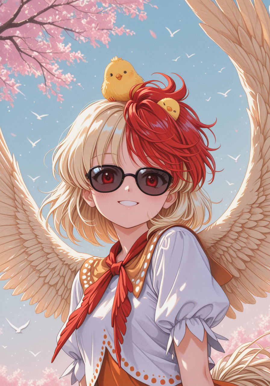 A girl with red eyes seen through dark sunglasses, blonde hair with bright red nest-like extension, two feathered beige wings, and a gentle smile on her face standing with two small, yellow chicks nestled in her hair. She is wearing a white blouse with puffy sleeves over an orange dress, with a reddish-brown neckerchief tied at her collar. In the background is a light blue sky filled with small white birds in flight, and in the upper left corner are the branches of a tree with pink blossoms.