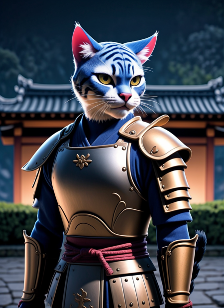 An ancient anthropomorphic cat samurai using an ancient samurai armor, photography, beautiful, bokeh temple background, colorful, masterpieces, top quality, best quality, official art, beautiful and aesthetic, realistic