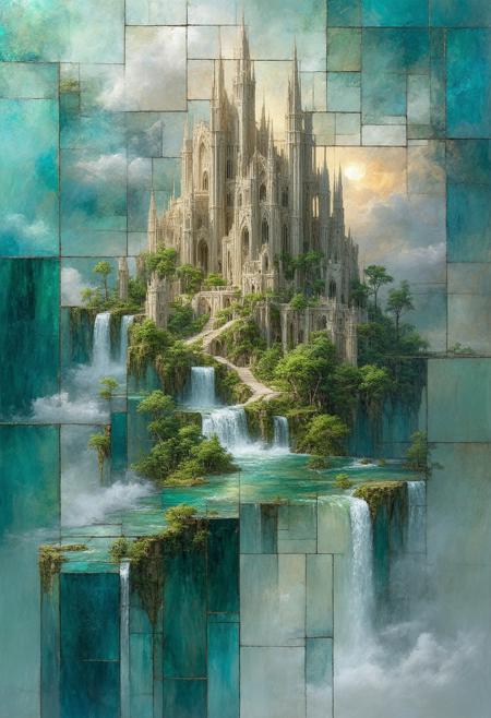 Construct a photorealistic painting of a colossal, floating island metropolis, shattered into stained-glass panels. Multiple perspectives converge to create a breathtaking composition, featuring towering spires, cascading waterfalls, and lush, overgrown gardens rendered as geometric shards emitting a diffused, ethereal light. The color palette utilizes deep emerald, antique gold, and vibrant cerulean, highlighting intersecting lines and fragmented forms. Integrate subtle photorealistic details within each glass shardâthe texture of weathered stone, the movement of cloudsâto create a compelling fusion of abstract geometry and tangible utopian fantasy, evoking a sense of serene beauty and boundless potential.