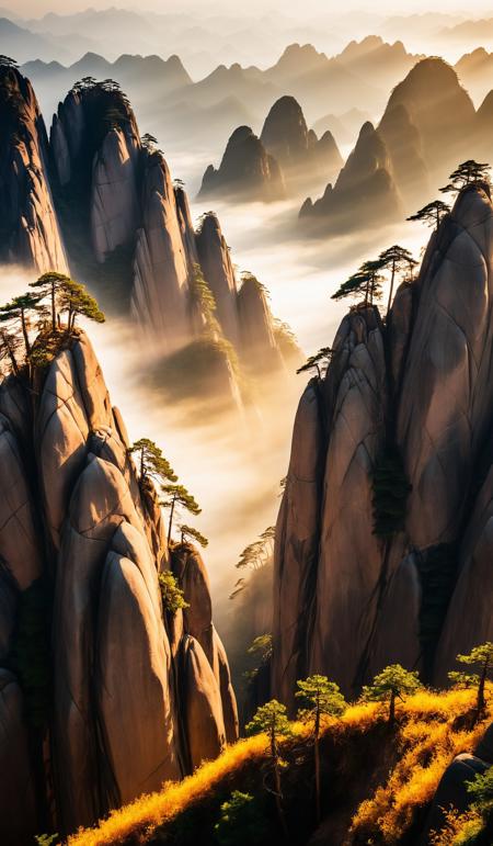 Huangshan mountain scenery, national geographic photo, breathtaking photograph, dramatic light, award-winning, professional, minimalistic, daylight, warm atmosphere, cinematic look, perfect composition, golden ratio, <lora:SDXLHighDetail:1>, <lora:add-detail-xl:1>