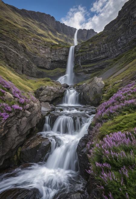 landscape featuring a cascading waterfall flowing through rugged, dark grey rocks. The water appears white and frothy as it tumbles down multiple levels, creating a dynamic and lively scene. Surrounding the waterfall, patches of green vegetation and purple heather add colour and contrast to the rocky terrain. In the background, rolling hills and tall mountain peaks are visible under a clear sky, contributing to the natural and serene atmosphere. The overall composition highlights the beauty and power of nature, with the waterfall as the central focal point. advntr