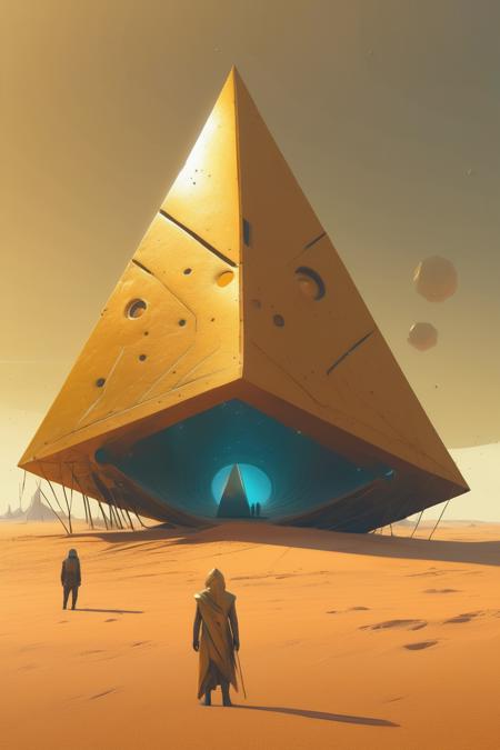 <lora:Christopher Balaskas Style:1>Christopher Balaskas Style - hyoer detailed artwork by simon stalenhag and Yoneyama Mai depicting a surreal image of a desert scene infused with alien, sci-fi elements. Envision towering abstract structure made of gold glowing ancient multi dimensional pyramids casting long shadows over the sand. Hyper detailed, cinematic, high resolution, Embrace the otherworldly