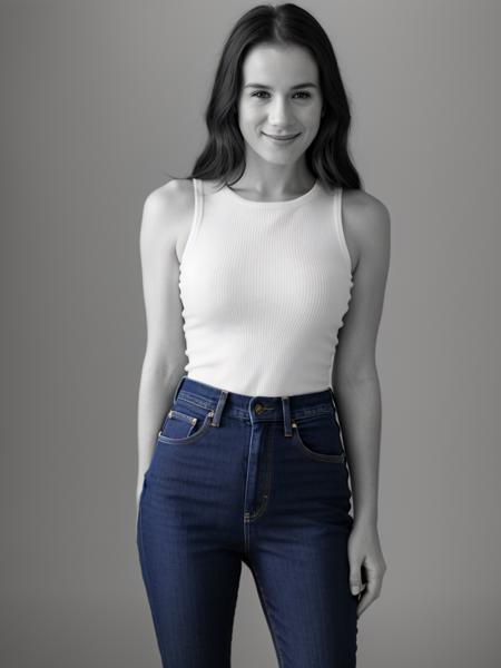 A beautiful gw3nd0l1n3t woman, 1girl,solo,long hair,looking at viewer,smile,simple background,white background,monochrome,greyscale,pants,lips,head tilt,arms behind back,denim,jeans,realistic,soft lighting, professional Photography, Photorealistic, detailed, RAW, analog, sharp focus, 8k, HD, high quality, masterpiece<lora:gw3nd0l1n3t:1.0>