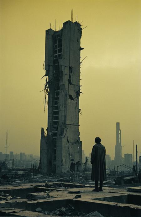 A lone figure stands atop a fractured brutalist monolith, gazing over a skyline of collapsed concrete towers under a sickly yellow sky. The air is thick with radioactive haze, the ground littered with twisted rebar and ash. Shot on grainy 35mm film with muted tones, deep shadows, and a vignette of decay."

Style: High contrast, desaturated colors, heavy texture overlay.
