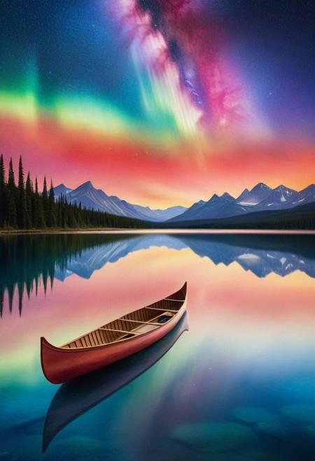 Craft a stunning watercolor masterpiece, winning accolades for its depiction of a traditional canoe drifting on a crystal-clear lake under a star-blanketed sky. The scene blends fantasy art elements with a breathtaking aurora borealis, reflecting vibrant colors in the tranquil waters. The canoe's occupant looks towards a horizon where a galaxy merges with a colorful twilight, and the stars are mirrored in their eyes. The watercolor texture mimics the look of colorful mosaic glass, adding a surreal quality to the scene, captured as if through a Canon EOS R5 with a Canon RF 100-500mm lens, showcasing exceptional detail and clarity