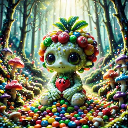 A breathtaking, ultra high-resolution (8K) macro photograph of a small Kodama forest spirit inspired by Studio Ghibli, standing on a mossy forest floor. This Kodama has the whimsical body shape of a classic Kodama, but its skin resembles the surface of a ripe strawberry—vivid red with tiny yellow seeds and a glossy texture. On top of its head, a small cluster of fresh green leaves forms a leafy crown, reminiscent of a strawberry stem. The Kodama’s large, expressive, dark eyes gaze curiously at the viewer, radiating innocence and wonder. Dewdrops glisten on the vibrant green moss and miniature mushrooms surround the Kodama, enhancing the sense of magical realism. Soft, ethereal rays of sunlight filter through lush, out-of-focus foliage in the background, creating a dreamy, enchanting atmosphere
,Skittles, Taste the Rainbow, items made of skittles, skittles theme, narrating excitedly, bright palette, expressive faces, score_9, score_8_up, score_8_up, masterpiece,super detailed face, super high resolution, FaceDetail, masterpiece-level, highly detailed, intricate details, detailed background, complex background, cinematic, intricately detailed illustration, depth of field, masterpiece, best quality, amazing quality, very aesthetic, absurdres, newest, very awa, shadow, dynamic angle,