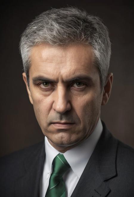 ▲ Close to: 
Portrait face of a politician, sadist, hard, severe, liar, rigid, authoritarian, pervert, dismal, white short hair, brown background, blurry background, green and black and white, green tie, photo, 