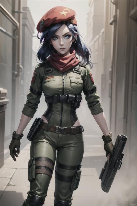 portrait shot of caitlynlol, resistance caitlyn, 1girl, solo, red scarf, red hat, blue eyes, blue hair, long hair, militar outfit, chest armor, green shirt, brown pants, knee boots, green gloves, ear intercom, (detailed face), city background, <lora:caitlynlolv2:0.6>,  <lora:more_details:0.5>