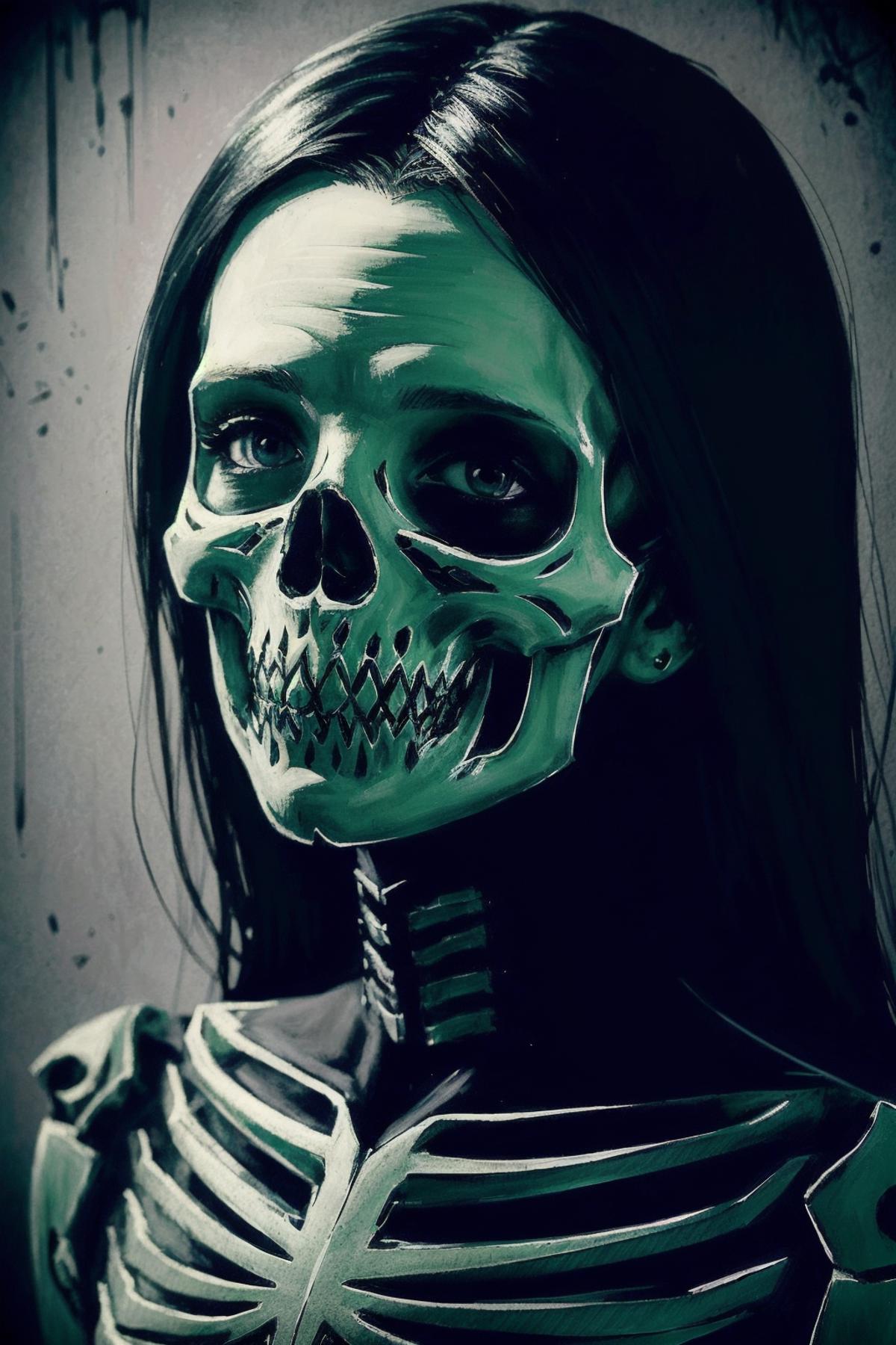 A woman with a green skeleton face, wearing a black top and a necklace.