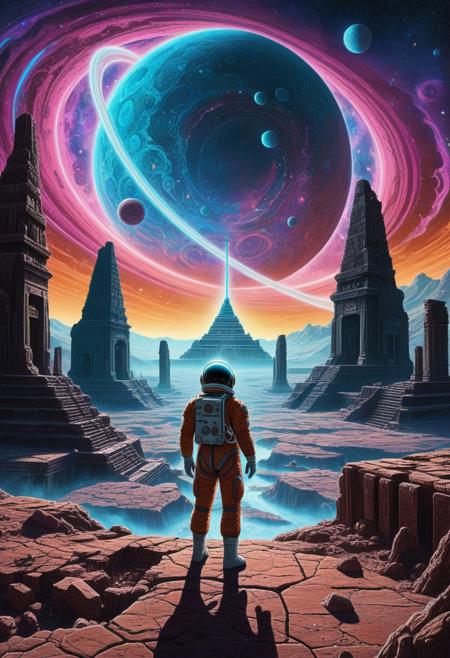 A lone astronaut stands on a desolate, crystalline planet, gazing up at a swirling nebula filled with psychedelic colors and strange, alien artifacts. The astronaut's silhouette is sharply defined against the cosmic backdrop. The planet's surface is littered with the ruins of ancient temples and forgotten cities. Rendered in a cinematic style with dramatic lighting and hyper-detailed textures, reminiscent of a classic science fiction film, inspired by Moebius and Alex Grey.