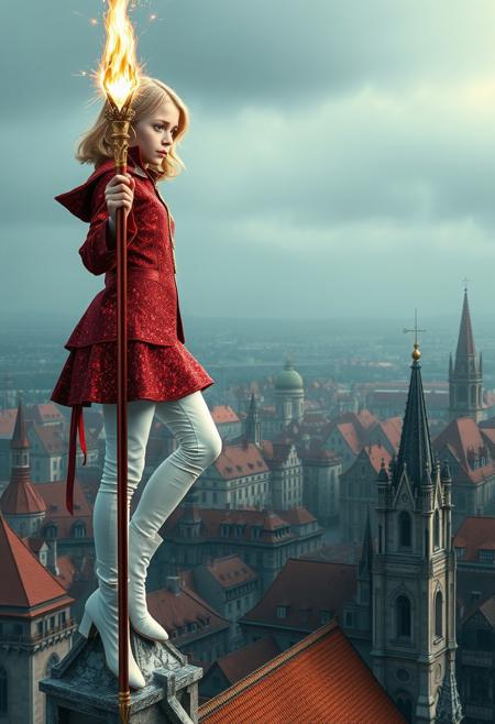 A beautiful young girl who has blonde semi-long hair is floating over the church. She posed standing position with her feet attached. She wears glittering and tight red jacket and white pants and white high hills. Her face shows no emotion. She holds bottom of very long magic staff whch is much taller than her and its head is blazing with very large white and yellow light. She is looking the city under her feet. The city is full of medieval builings which covered vermilion colored roof. Camera is taking her picture from 100m far slightly higher sky. So she takes very small portion of whole picture.