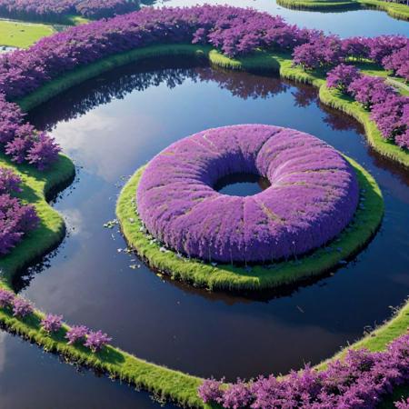 (stylized by Shigenori Soejima:1.0) and (Takashi Murakami:0.7) and (KÅji Morimoto:0.9) , anime key visual, intricate details, Landscape of a ("The Shape of Improvement":1.3) , it is very Jealous and Morbid, dense pond and water, Clear skies, soft focus, Cel shaded, Cozy, Futurepunk, Nostalgic lighting, 800mm lens, Albumen, fluorescent purple flakes, delicate, Flickr, dslr