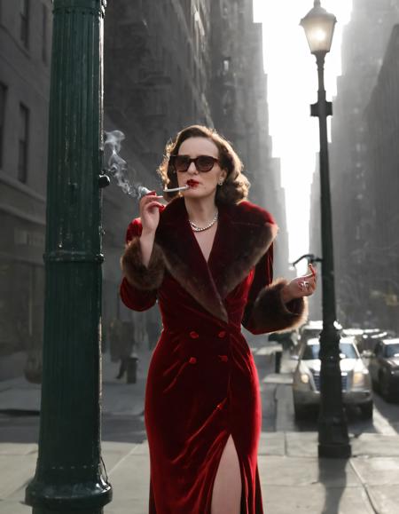 In a smoky, noir-inspired 1940's New York City street scene, Piper, the enigmatic woman in a red velvet dress and a fur coat, stands casually against a lamppost, her eyes hidden behind dark sunglasses, puffing on a cigarette with an air of mystery. <lora:qtoqzv18fd3d55618g554:1>