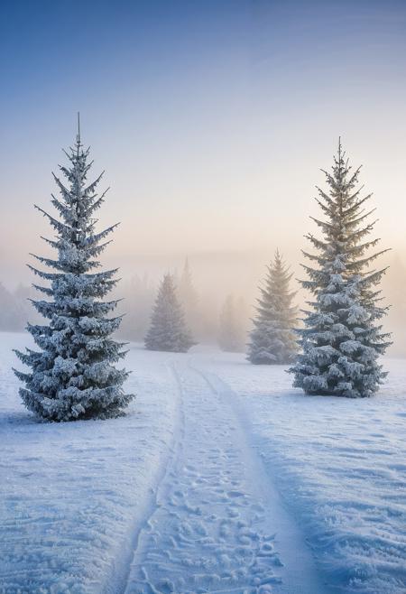 winter landscape with christmas trees frost covered with fog and snow, in the style of zeiss batis 18mm f/2.8, franz sedlacek, tomek setowski