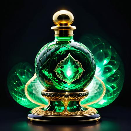 Sn4ke in a emerald bottle on a beautiful intricate stand. Emitting light. Glowing, mystical aura, polished glass, magical reflections, intricate stand, swirling mist, enchanted object, spiritual energy, mysterious shine. Black background.