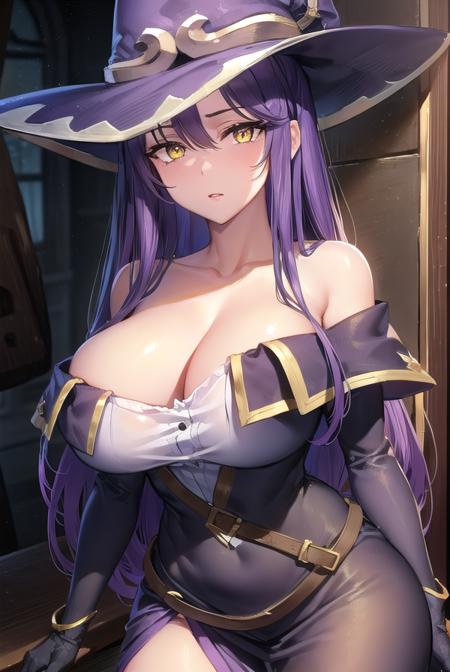 witch, <lyco:witch-lyco-nochekaiser:1>,
witch, long hair, purple hair, (yellow eyes:1.5),
BREAK thighhighs, gloves, hat, dress, cleavage, bare shoulders, elbow gloves, witch hat, (pelvic curtain:1.2), purple thighhighs,
BREAK indoors,
BREAK looking at viewer, (cowboy shot:1.5),
BREAK <lyco:GoodHands-beta2:1>, (masterpiece:1.2), best quality, high resolution, unity 8k wallpaper, (illustration:0.8), (beautiful detailed eyes:1.6), extremely detailed face, perfect lighting, extremely detailed CG, (perfect hands, perfect anatomy),