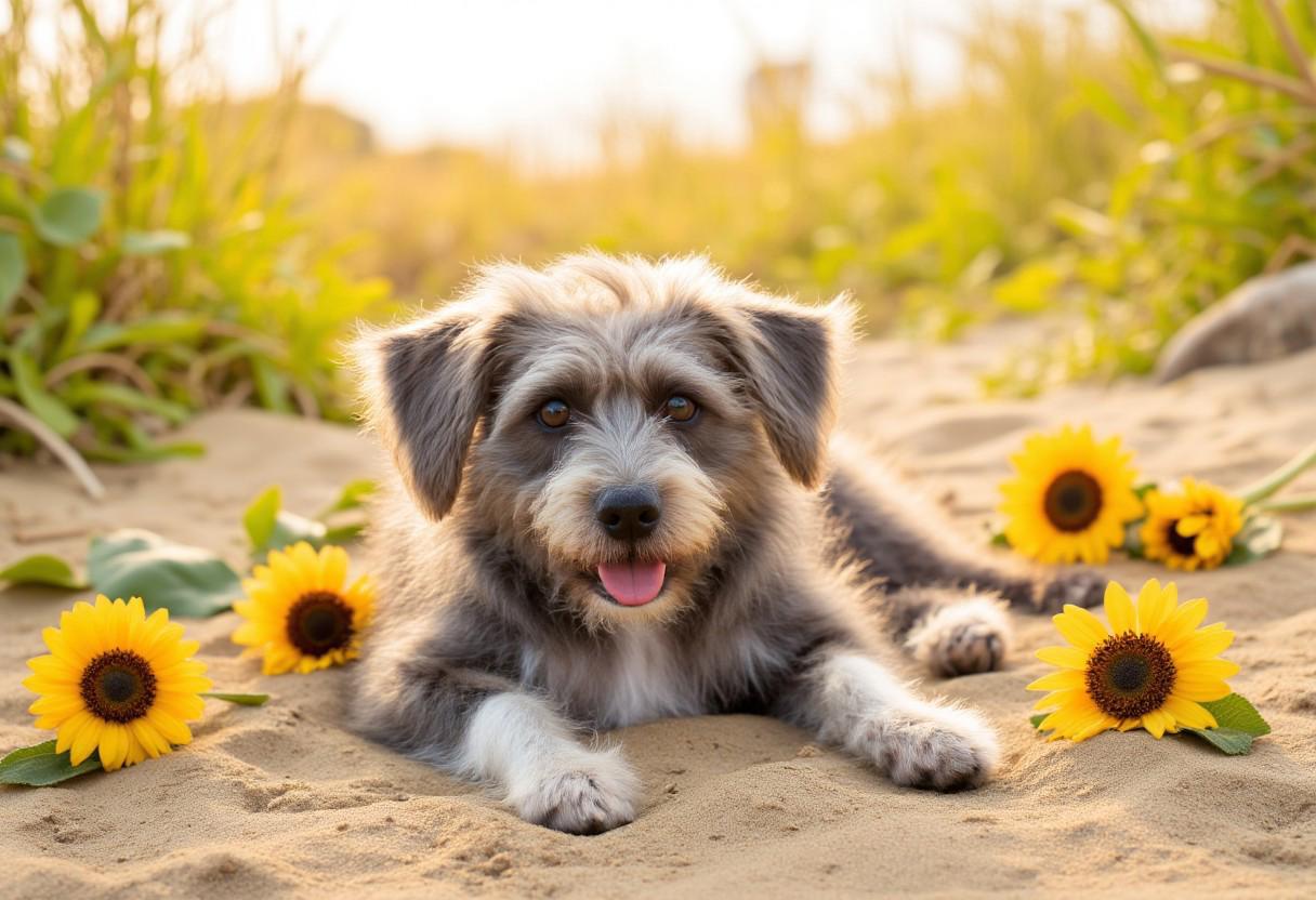 aidmaMJ6.1, A vibrant photograph of a grey and white Shepadoodle basking in the warm sunlight on a sandy beach, playfully surrounded by bright sunflowers swaying in the gentle breeze.cheerful atmosphere, beach vibes, colorful flowers, warm lighting, playful spirit, summer bliss, soft focus effects