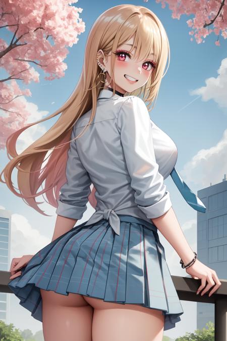 KitagawaSU1, 1girl, solo, long hair, bangs, blonde hair, red eyes, smile, choker, looking at viewer, jewerly, earrings, black choker, piercing, ear piercing, shirt, school uniform, blush, grin, cowboy shot, skirt,( white shirt:1.2), (white clothes:1.2), pleated skirt, blue skirt, necktie, multicolored hair, collared shirt,plaid, plaid skit, big breasts, blue necktie, tied shirt, long sleeves, eyelashes, tetth,    bracelet, hourglass body,  looking back, from behind, ass focus, standing, 
outdoors, day, sky, clouds, buildings, trees, bushes, <lora:KitagawaMR1-10 (1):0.8>, 
BREAK
masterpiece, best quality, highly detailed background, perfect lightingbest quality, ((shiny skin, glossy skin, detailed skin))