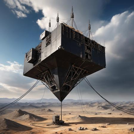 ultra high resolution, masterpiece, best quality, small featureless angular glossy black spacecraft with a rough textured surface hovering low to the ground, underneath the spacecraft are cables hoses and wires, antennas on top, cables hanging from below, rectangular in shape, futuristic world, post apocalyptic landscape, ((low concrete buildings:1.3)) anti gravity, in the atmosphere, sky, clouds, ground visible, hovering, dry, ((dusty)), bleak landscape, parched, bright noon sunlight, square shapes, bleached colors, destroyed industrial buildings, powerlines and towers, concrete foundations