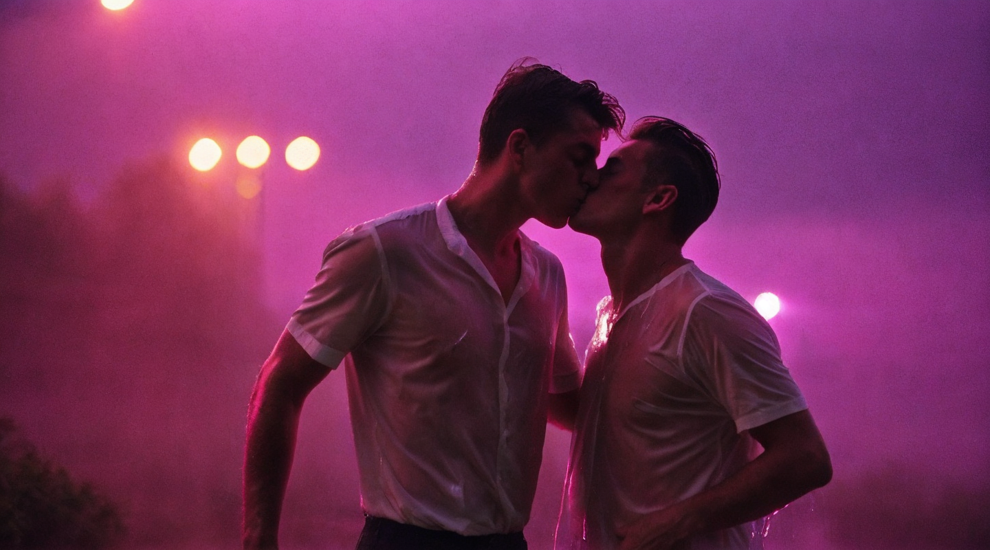a man, two men, 2boys, duo, kiss,  wet shirt, fog, pink light, sensual, candid photo, bokeh, standing in the rain, outside...
