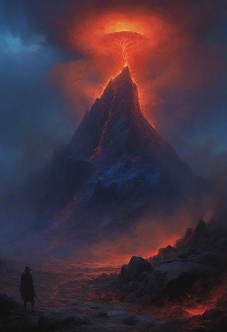 landscape, volcano, ash, gray stone, ghoul, halo, digital artwork by Beksinski, 18 years old,  vibrant colors, blue theme, red theme, purple theme, storm, eruption